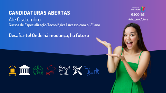 Cartaz de divulgação das candidaturas às Escolas do Turismo de Portugfal em 2023