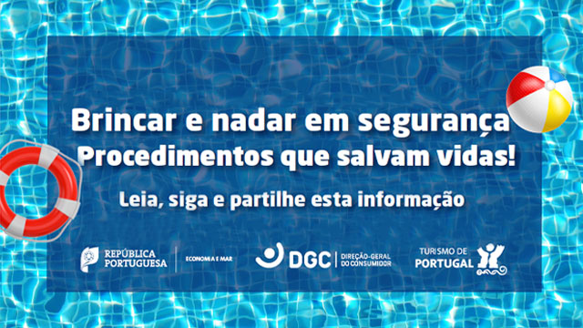 Cartaz da campanha de segurança Brincar e nadar em segurança, procedimentos que salvam vidas